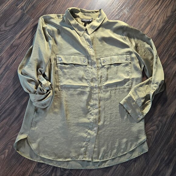 DKNY Classic Style Olive Green Satin Tunic Blouse SIZE XL - Picture 1 of 8